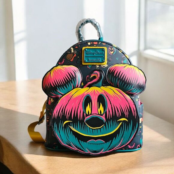 Disney Parks Halloween Mickey Pumpkin LOUNGEFLY Backpack Glows in the Dark New - Picture 1 of 3